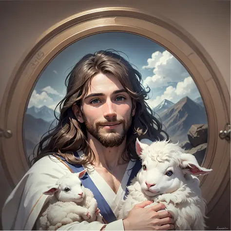 jesus,portrait, soft light, a man with long brown hair and a beard, wearing a white robe and a blue sash, holding a lamb in his ...