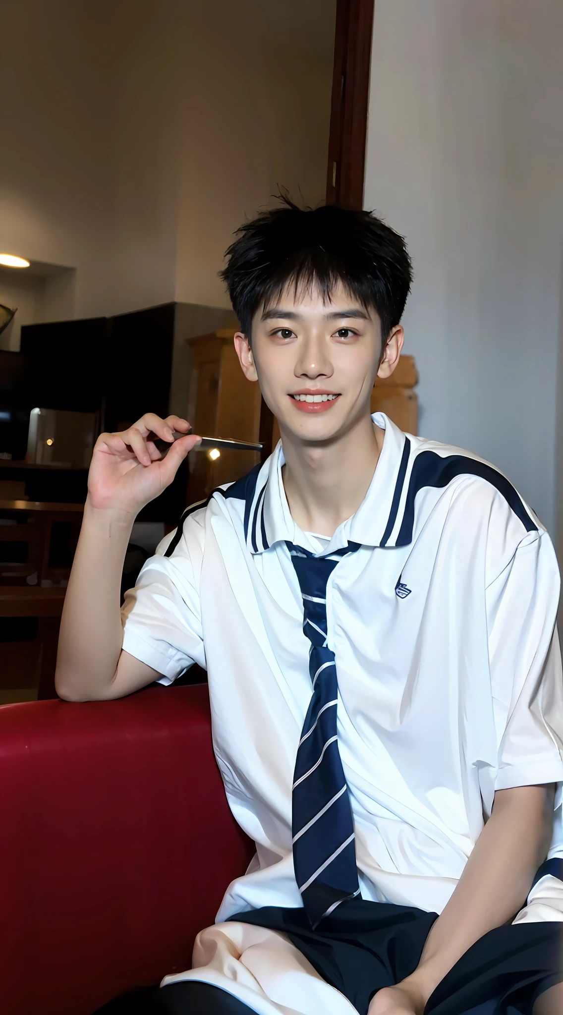 （Handsome Chinese guy：1.5），The boy sits on the couch，校服，Realistic photos，Wearing a blue school uniform，Brush cut，Textured skin，looks into camera，18-year-old boy，Studio，danshi koukousei，Muscle role，Perfect shadow body，Gigachad muscle，The trend is at CGSTATION，Hero male pose，