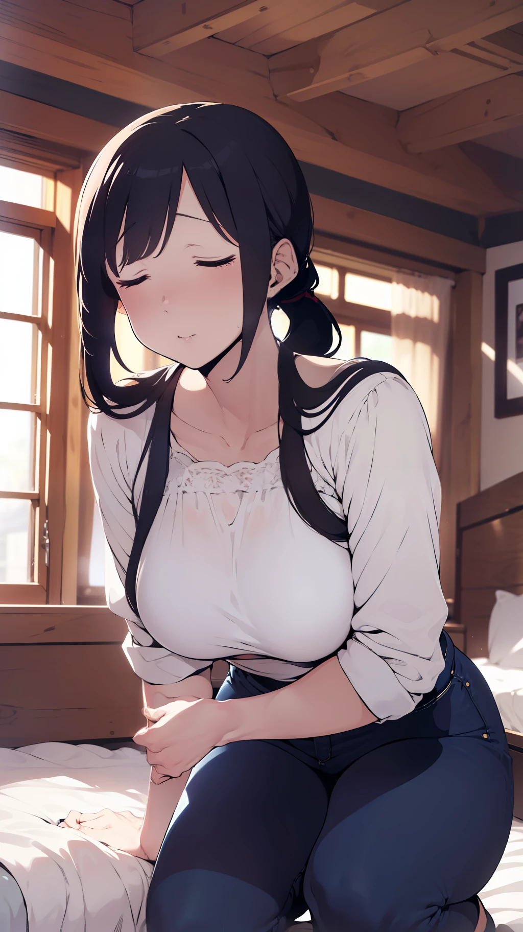 (((one woman,long hair,ponytail,bangs,slender face,closed eyes,small breast,white blouse,navy jeans,surprised,flushed cheek))),masterpiece,extremely high quality,extremely fine and beautiful,hyper detail,dynamic resolution,sharp focus,anime style,squatting,from below,indoor,bedroom