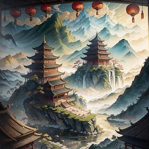ancient chinese painting, ancient chinese background, mountains, river, auspicious clouds, pavilions, sunlight, masterpiece, super detail, epic composition, ultra hd, high quality, extremely detailed, official art, unified 8k wallpaper, super detail