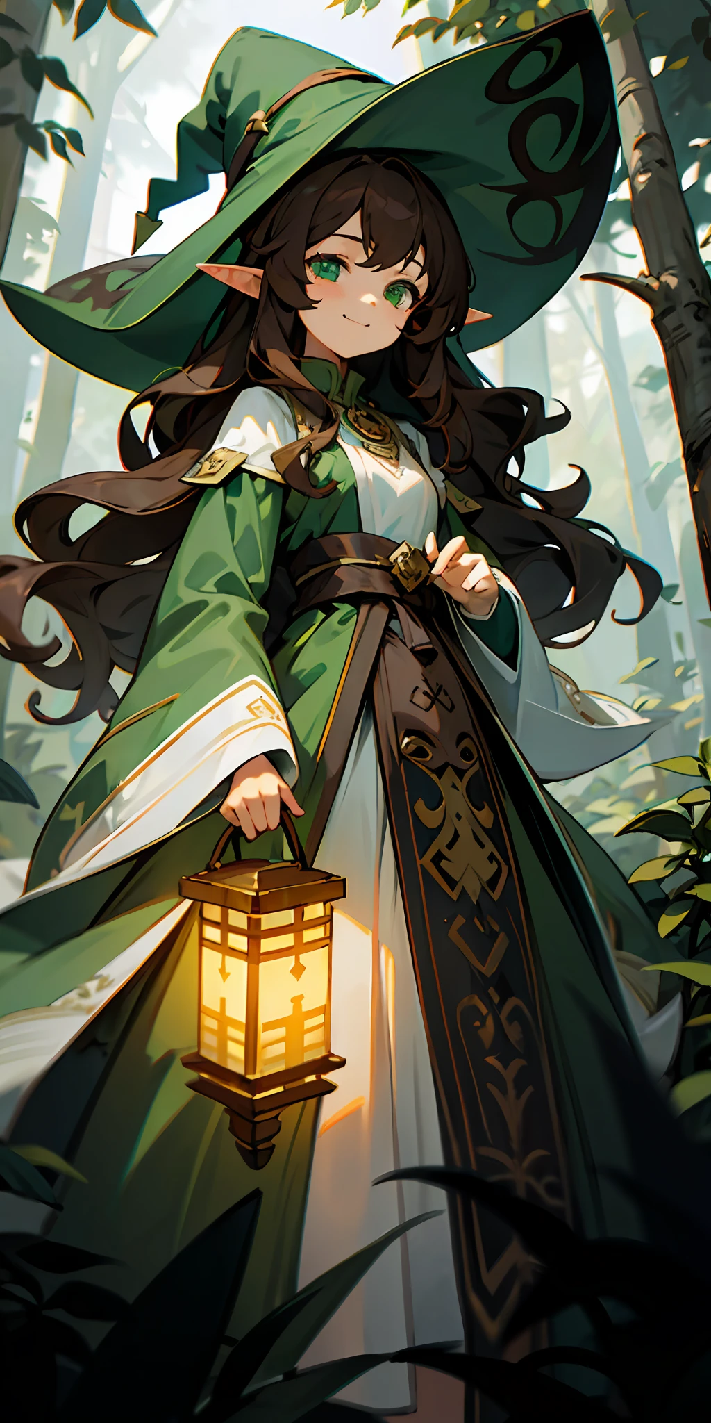 1girl, long brown hair, long wavy hair, green eyes, smiling, witch hat, green dress, white shirt with lantern sleeves, slightly smiling, lokking at the camera, windy, elf ears, sly look, Dark Forest, Dark background, woods, the trees, tall trees