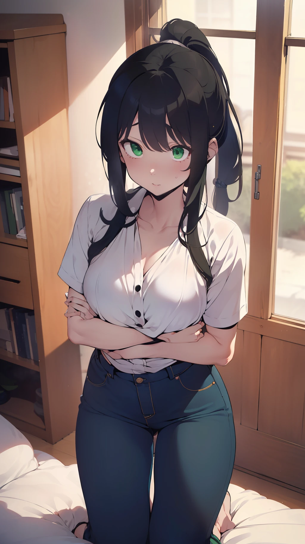 (((one woman,long hair,ponytail,bangs,slender face,green sharp eyes,small breast,white blouse,navy jeans,surprised,flushed cheek))),masterpiece,extremely high quality,extremely fine and beautiful,hyper detail,dynamic resolution,sharp focus,anime style,seiza,from above,indoor,bedroom