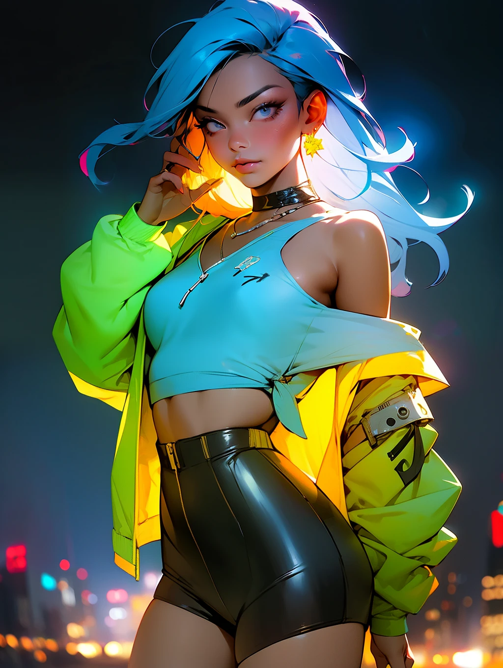 (masterpiece), best quality, ultra high res,little girl, cyberpunk 1girl flying above stunning cityscape ,hoodie,blue hair,  neon color shooting stars, very long hair, off shoulder, feather hair ornament, neon colors, flashes, stunning night sky, cinematic lighting, photorealistic, realistic skin, HDR,fisheye