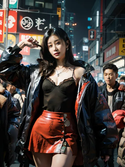 femele，cyberpunk scene，Dangerous gangsters wear expensive designer red lingerie and denim skirts，Japanese tattoos