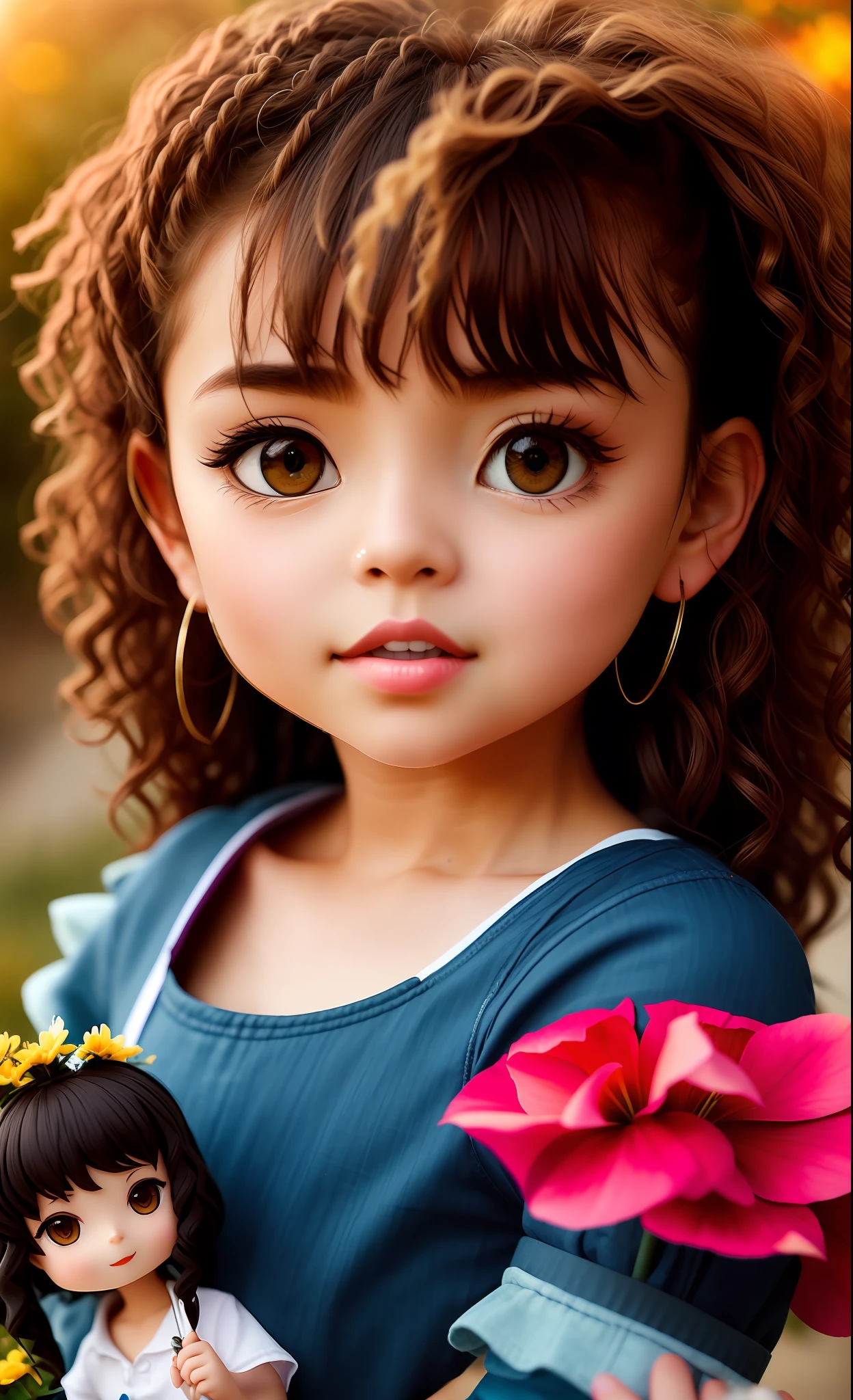 3d chibi by 1girl, ((solo)))), ( long curly hair messy, smiling
happy, African-American, kind-eyed;1.15), wearing a pink T-shirt and jeans, high-heeled shoes, sculptural model body, late afternoon
autumn, flower garden, warm and soft light, flowers being
Wind-blown, motion blur lens