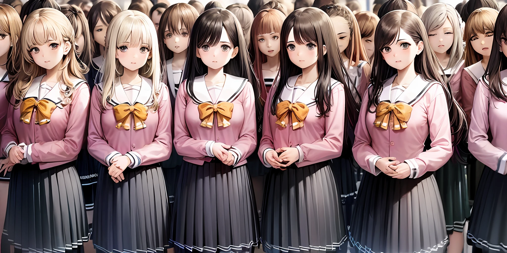 ((Masterpiece, highres)), ((thousands of, crowd of)), girls, group, clones, (( brown haired girls, blonde girls)), long hair, curly hair, matching hairstyles, different hair color, confident, elegant, rich girls, emotionless, arms at sides, straight backs, (((matching outfits, identical outfits, pink school uniforms))), standing at attention, shoulder to shoulder, same pose, sisters in neat rows, many rows, crowd shot