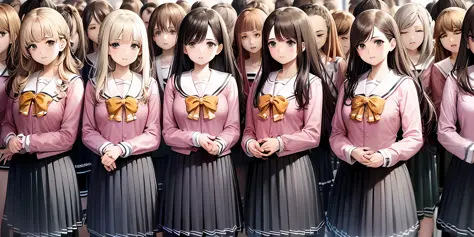 ((masterpiece, highres)), ((thousands of, crowd of)), girls, group, clones, (( brown haired girls, blonde girls)), long hair, cu...