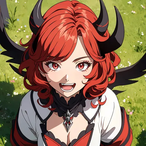 Ghibli-like colors, flower, back lit lighting, blend, Optical illusion, From above, Masterpiece, High quality, 1080p, A medium-sized portrait of a 16-year-old girl, Anime style, with curly red hair, Devil's ears, Paired with demon armor, red - eyed, open m...