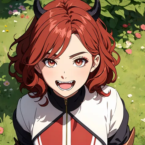 Ghibli-like colors, flower, back lit lighting, blend, Optical illusion, From above, Masterpiece, High quality, 1080p, A medium-sized portrait of a 16-year-old girl, Anime style, with curly red hair, Devil's ears, Paired with demon armor, red - eyed, open m...
