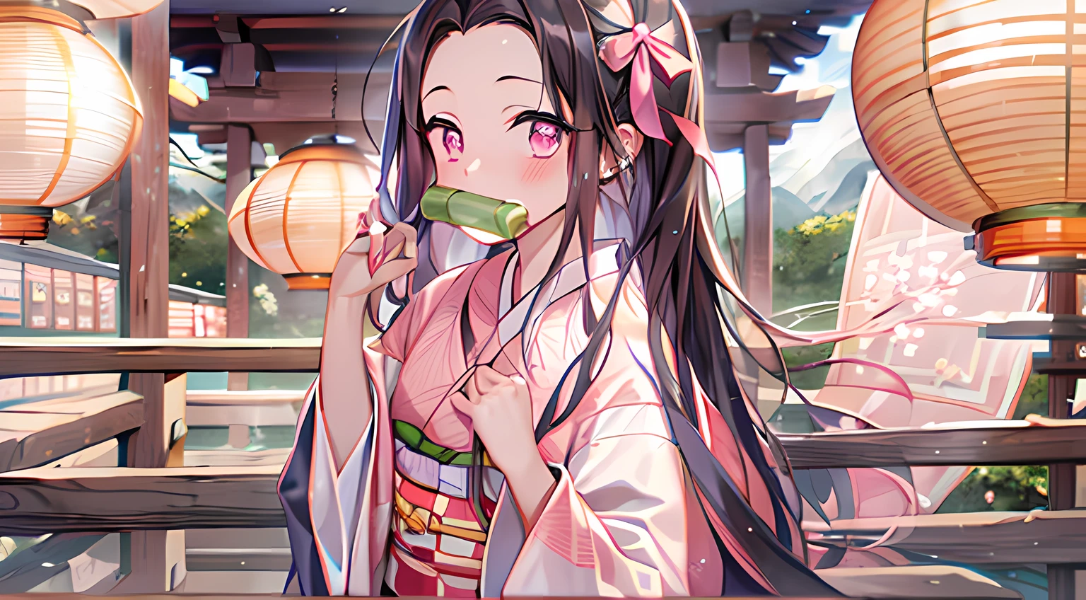 (kamado nezuko), Beautiful Japan scenery, ((​masterpiece)), Chewing bamboo to the side, Spiky nails, forehead, 1girl in, A dark-haired, Mouth closed, brow, Hair Ribbon, Kimono, The long-haired, Beautiful black hair, The tips of the hair are orange、Pink eyes, Pink kimono, Simple pink ribbon, length hair, Beautiful appearance, Detailed depiction of fingers,