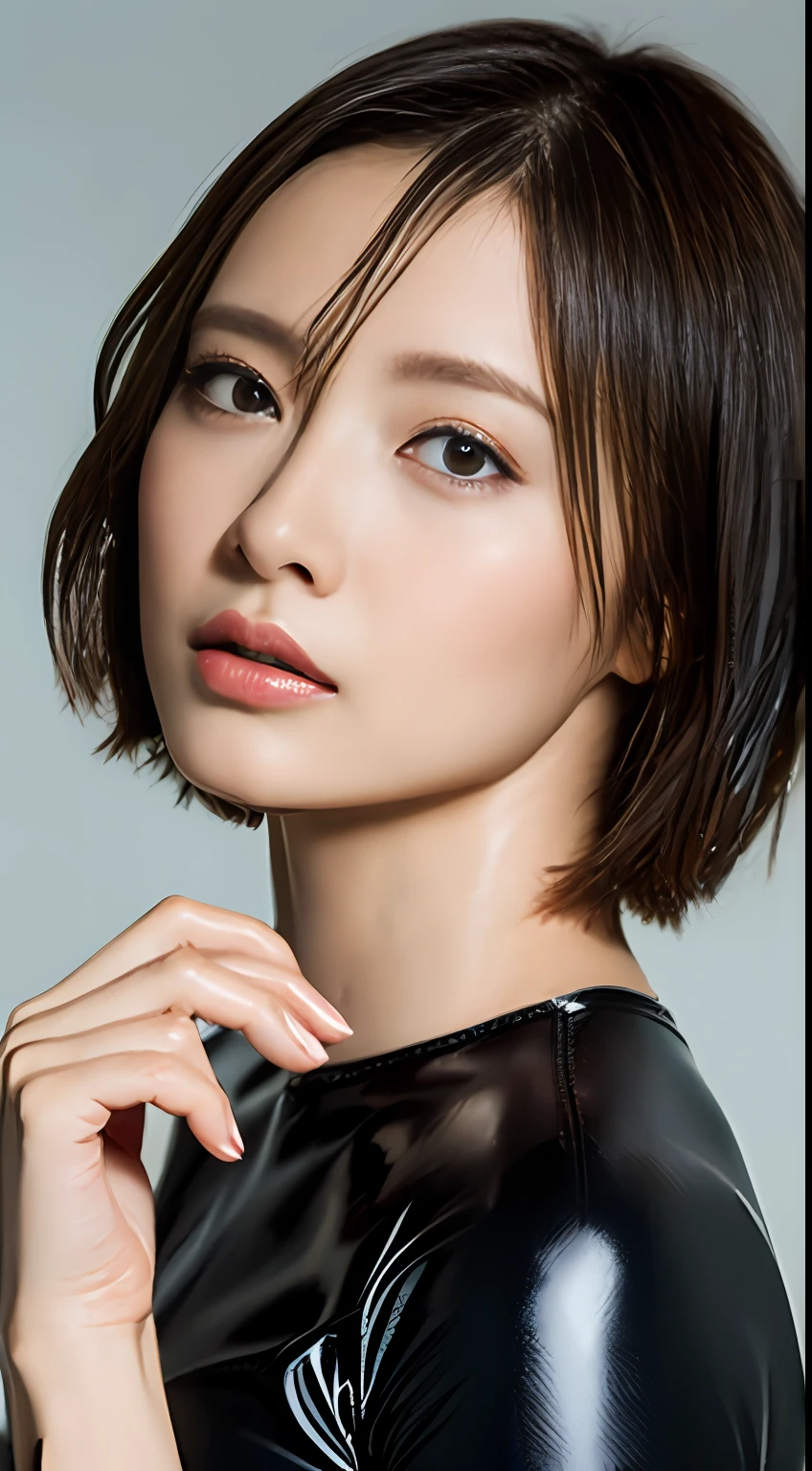 (beste Qualität、4k、Meisterhaftes Meisterwerk:1.3)、eine Japanerin､1Mädchen、sexy:1.1、Kurzes Haar､Polieren、Latex､Neoprenanzug、Ultradetailliertes Gesicht、detaillierte Lippen、detailliertes Auge、