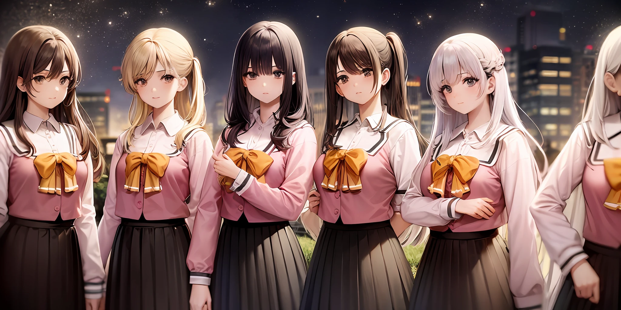 ((Masterpiece, highres)), ((thousands of, crowd of)), girls, group, clones, (( brown haired girls, blonde girls)), long hair, curly hair, matching hairstyles, different hair color, confident, elegant, rich girls, emotionless, arms at sides, straight backs, (((matching outfits, identical outfits, pink school uniforms))), standing at attention, shoulder to shoulder, same pose, sisters in neat rows, many rows, crowd shot