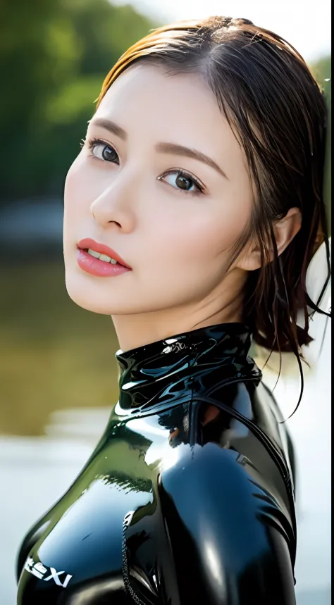 (Top Quality, 4k, Masterpiece: 1.3), Japan Woman, 1 Girl, Sexy: 1.1, Dark Brown Hair: 1.1, (Wet Body: 1.3), Glossy, Latex, Wetsu...