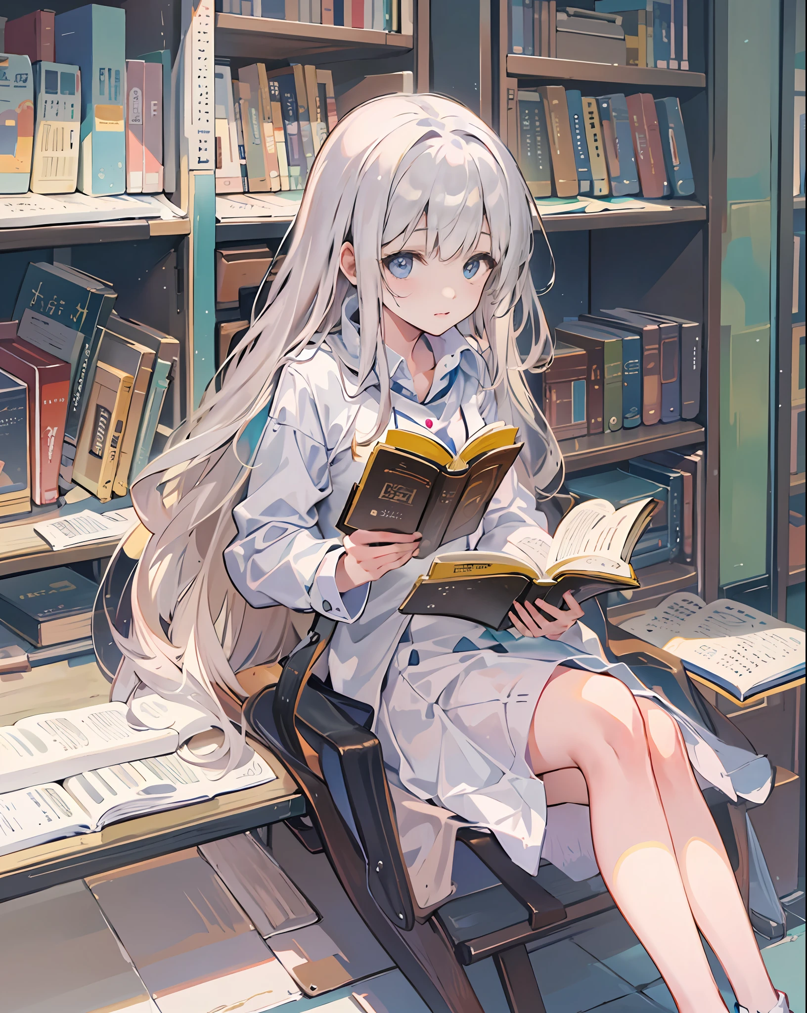 anime girl assise sur un banc en lisant un livre dans une bibliothèque, Oeuvre de style Guviz, des filles de première ligne, Détails fins. Fille devant, style de première ligne des filles, Guweiz dans Pixiv ArtStation, fille animée aux cheveux longs, jeune fille anime, portrait, anime, fille, Portrait d&#39;une fille animée, dessiné dans un studio de peintre d&#39;anime, lire un livre，Cheveux de couleur blanche，cheveux blancs，longs cheveux blancs