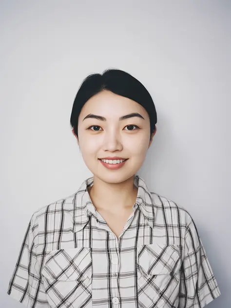 Smiling woman wearing plaid shirt，Take a photo posing against the white wall, Korean symmetrical face, A young Asian woman, Zhan...
