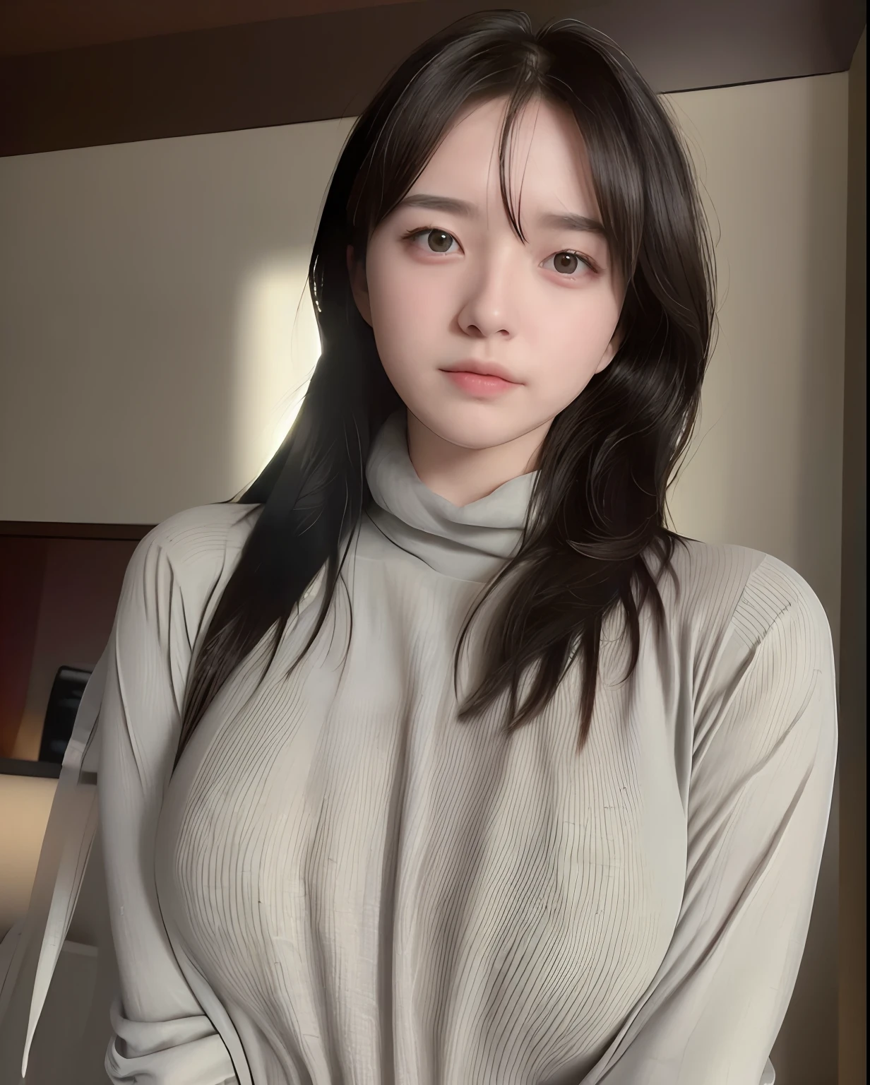 (((1 girl))), (8k, best quality, masterpiece:1.2),(upper body 1:2) (realistic, photorealistic, photo-realistic:1.37), ultra-detailed, beautiful detailed eyes, beautiful detailed nose, (((balanced eyes))), ((upper body 1:2)),((big breasts)), (((sweater))), natural skin texture, 24mm, 4k textures, soft cinematic light, adobe lightroom, photolab, hdr, intricate, elegant, highly detailed, sharp focus, ((((cinematic look)))), soothing tones, insane details, intricate details, hyperdetailed, low contrast, soft cinematic light, dim colors, exposure blend, hdr, faded, slate atmosphere,  (((cloak)))