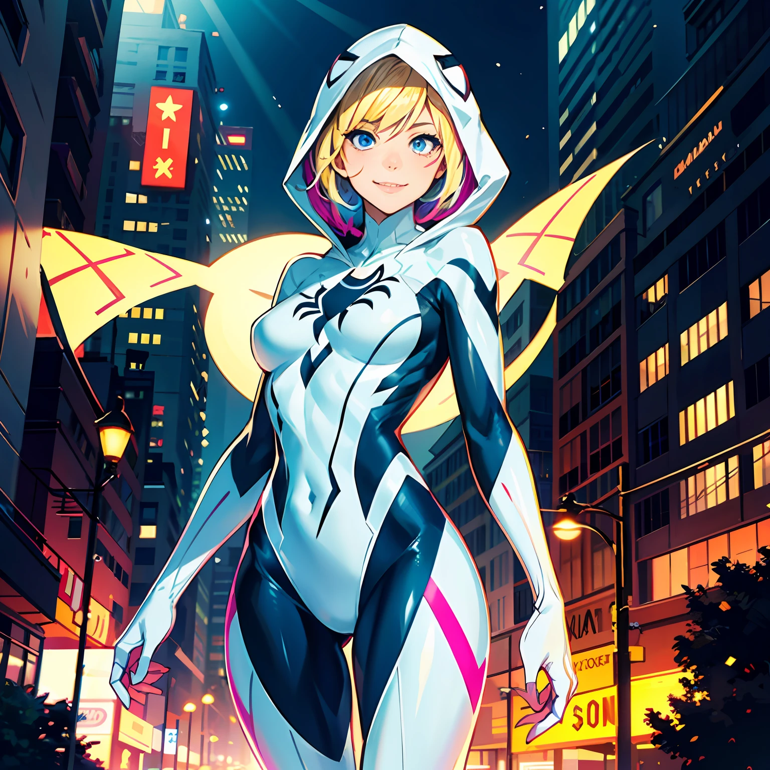 highres, highest quallity, illustration, ultra detailed, cinematic lighting, best quality, hyper detailed, masterpiece,1 spider-gwen girl, blond shaved sides hair, blue eyes, smile, solo, spider-gwen suit, spider gwen mask, hood, medium breasts, light rays, (colorful), (standing:1.2), cool tones, night time, city fading into background