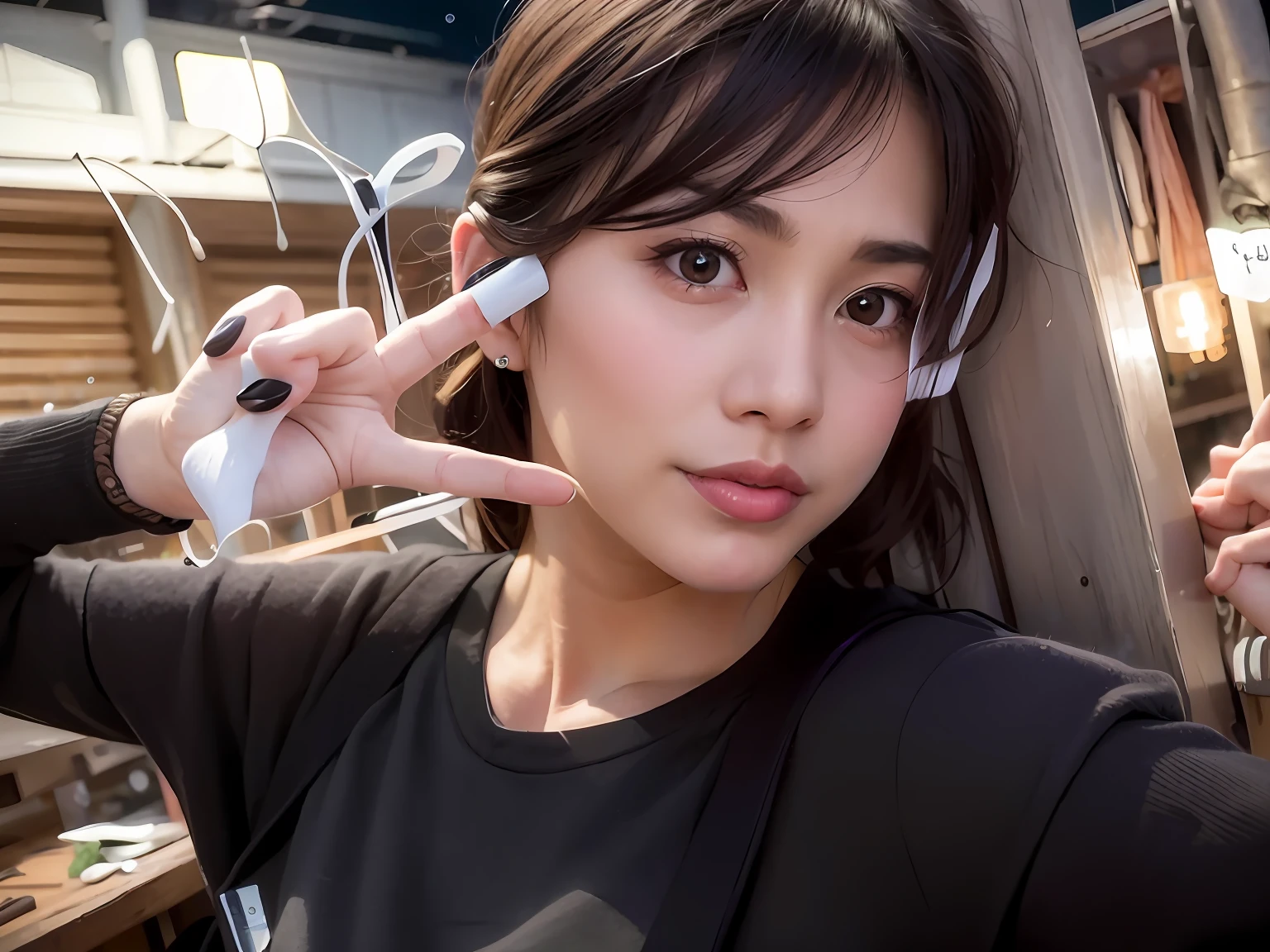 (Extremely detailed Cg Unity 8K wallpaper), (Masterpiece), (Best quality), (Ultra-detailed), (Best Illustration), (Best shadow), (Photorealistic:1.6), Real human skin, Lens flare, Shade, back lit lighting, full bloom, Depth of field, Natural lighting, hardfocus, filmgrain, Look at the viewer, Asian, Kpop idol:1.2, mix4, 1 girl, 21 I, Solo, Skinny, Pale skin, Soft lips, (light eyebrows:1.4),Shiny brown eyes, Black straight hair, Small breasts, Beautiful detailed sky, street(crowd:1.2), Night, (nose blush),  Beautiful detailed eyes, White Japanese school uniform, Sailor suit, Black pleated skirt, Stockings, Sneakers, cheerfulness, Smile