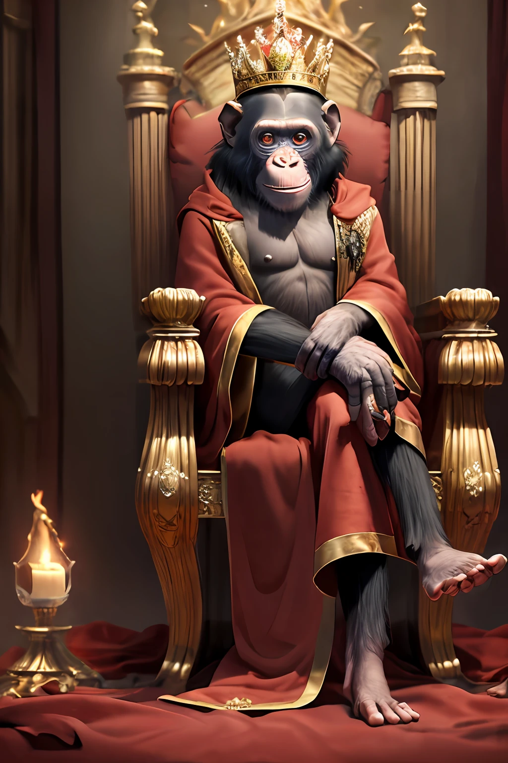 Chimpanzees sitting on a throne,With a crown on his head,Wearing a red robe,Legs crossed,The usual mischievous smile,8kn reality