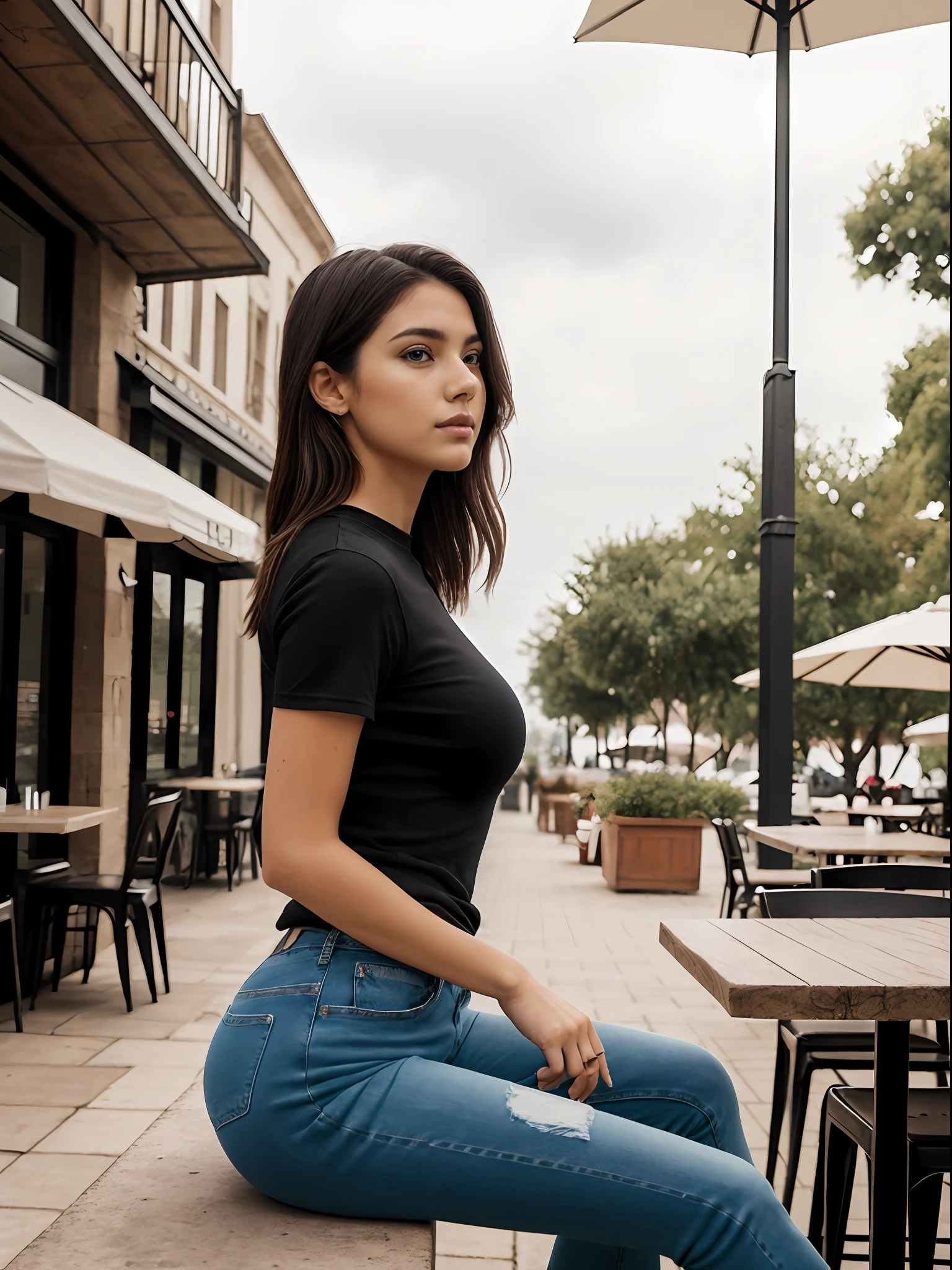 Black and white, cinematic bloom,Raw photo, realistic,girl,latin girl,age 24, full body,pale skin, body, beautiful face, detailed face,black round neck plain Tee-shirt, big breasts, upper body, sitting, cowboy shot, outdoor, night, restaurant, ((looking at viewer:1.4)),((face towards me)), from below,side profile, tight jeans, beautiful feets showing, studio shoot, fashion shoot,
