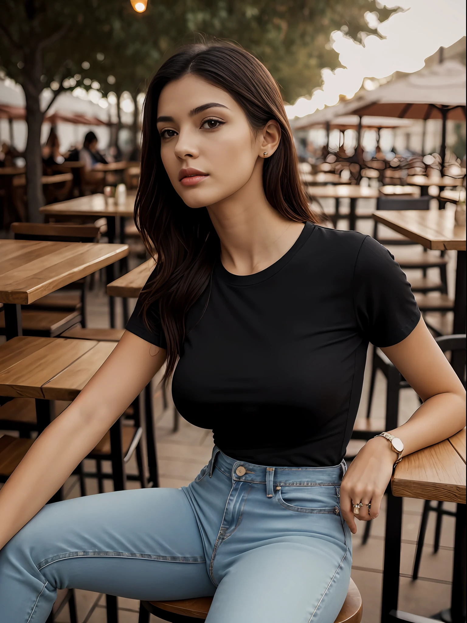 Black and white, cinematic bloom,Raw photo, realistic,girl,latin girl,age 24, full body,pale skin, body, beautiful face, detailed face,black round neck plain Tee-shirt, big breasts, upper body, sitting, cowboy shot, outdoor, night, restaurant, ((looking at viewer:1.4)),((face towards me)), from below,side profile, tight jeans, beautiful feets showing, studio shoot, fashion shoot,