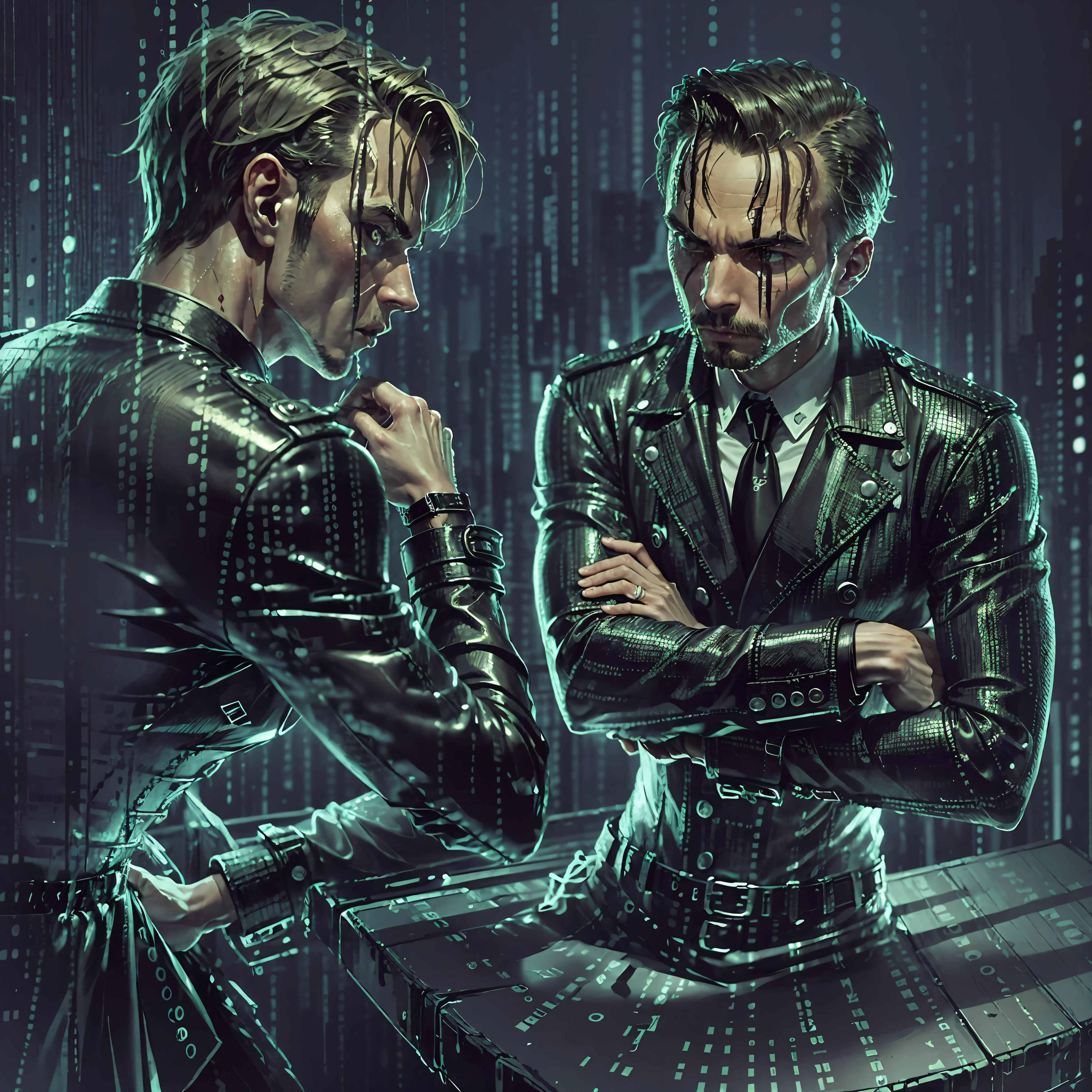 two men arguing on a โต๊ะ, ชายในชุดสูทนั่งอยู่ตรงข้ามชายในโค้ตกันฝนหนังสีดำ, โต๊ะ, ห้องมืด, ใกล้ชิด, ใบหน้า