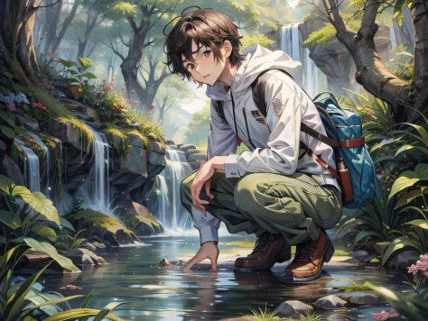 tmasterpiece，Miyazaki manga style，A boy with，Squat on the grass，Mountain spring water，water bottel