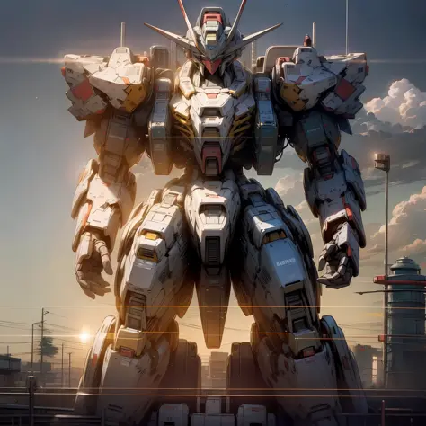 Outstanding, best quality, 8K, very detailed CG, Gundam robots, giant robot ghosts, modern architecture, intoxicating dusk
