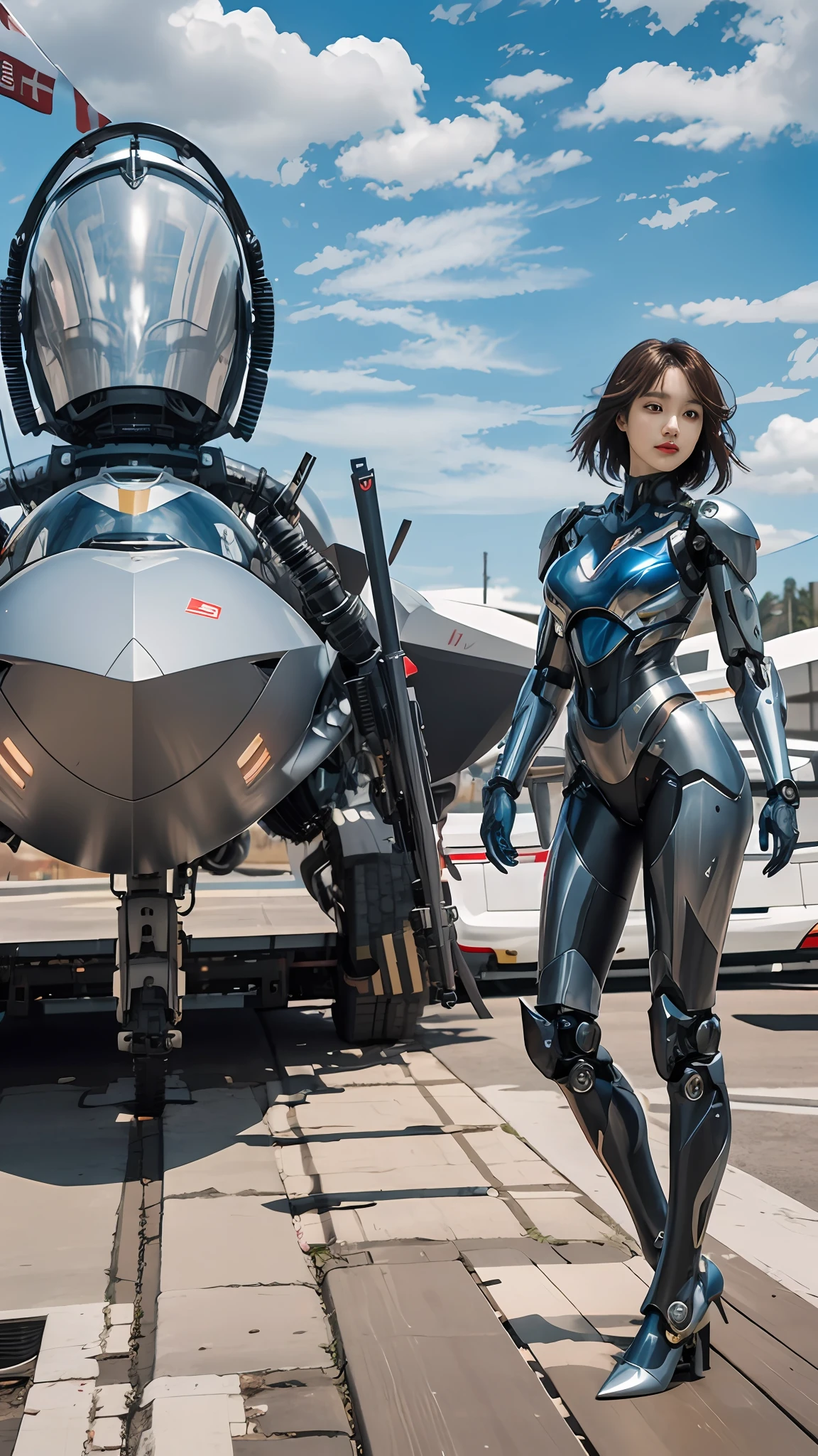 Woman in futuristic suit standing next to a fighter, girl in mecha cyber armor, girl wearing robotic suit, female mecha, Battle Angel, pacific-rim-mech in background, clothed in sci-fi military armor, Mecha suit, iu lee ji-eun as a super villain, park shin hye as a super villain, cyber suit, Armor Girl