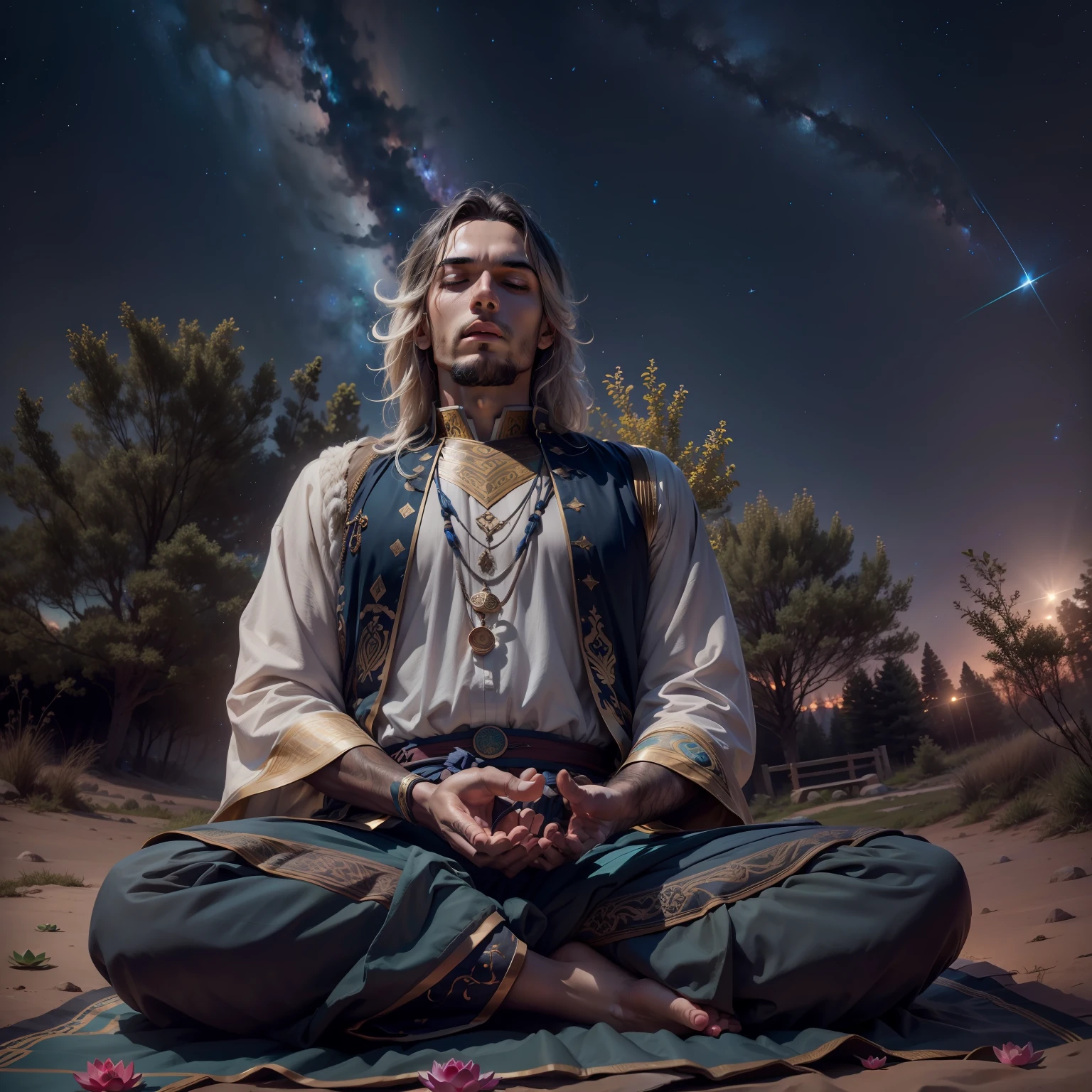 frontal view, natural light, Joshua meditating in the wilderness, lotus position, night, focus on historical clothing, starry sky, (milky way), 4k, HDR