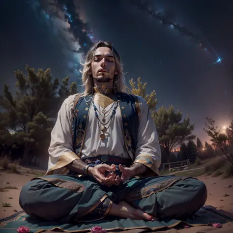 frontal view, natural light, Joshua meditating in the wilderness, lotus position, night, focus on historical clothing, starry sk...