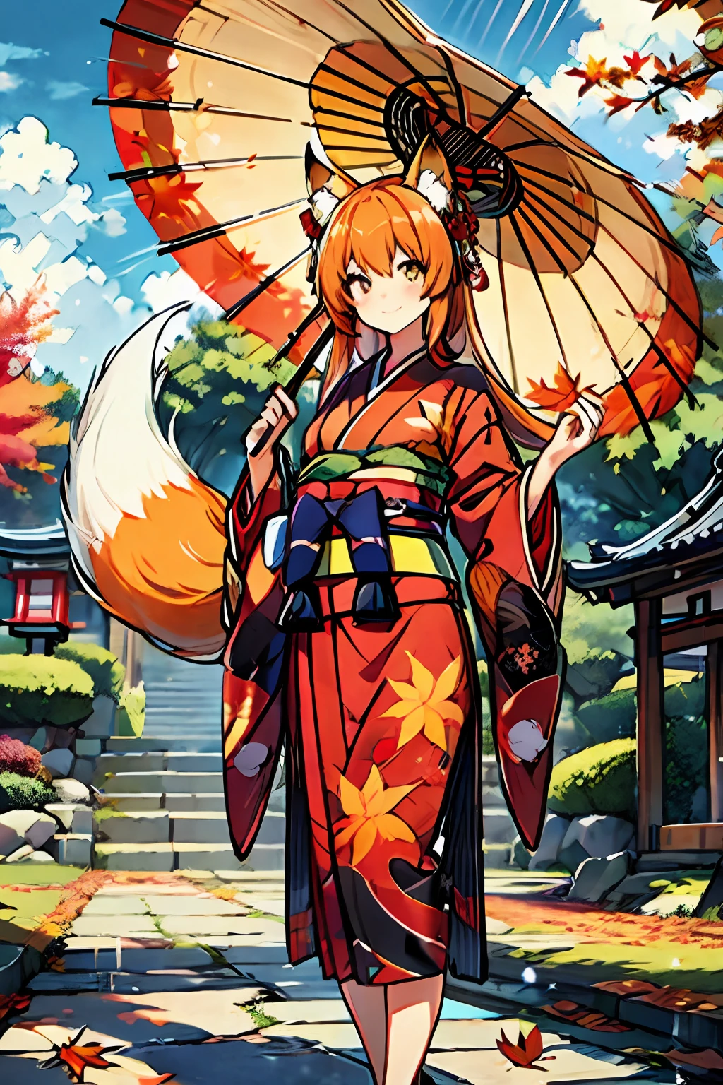 fluffy fox tail, fluffy nine-tailed fox crimson eyes slender body smile face 1 woman nako cute crimson eyes orange long hair open stan kimono dress dance effect very strong many autumn autumn leaves fox bride sunny sky big Japan umbrella sunny rain zentangle pastel watercolor