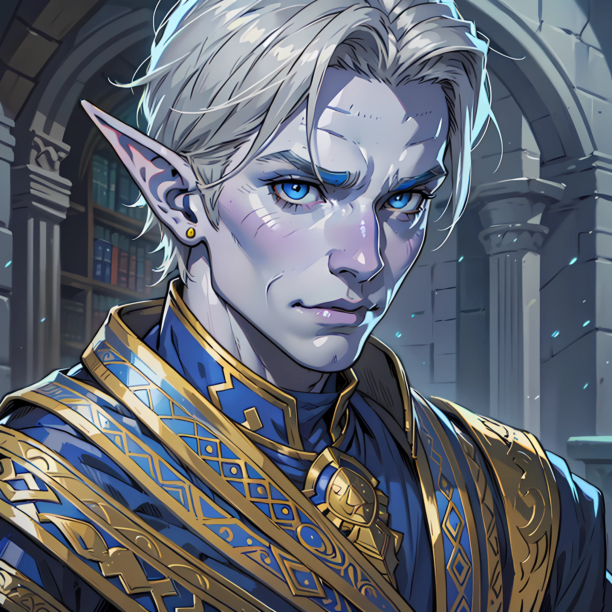 Portrait Rpg, close-up, fantasy art, Race: Elf Gender: Male Age: 60 years Eyes: Blue Skin color: Light skin with warm shades Physique: normal complexion. Facial features: Skin with wrinkles. Expression: Rajada look. Hairstyle: Gray gray hair Equipment: Magician clothes Background: library