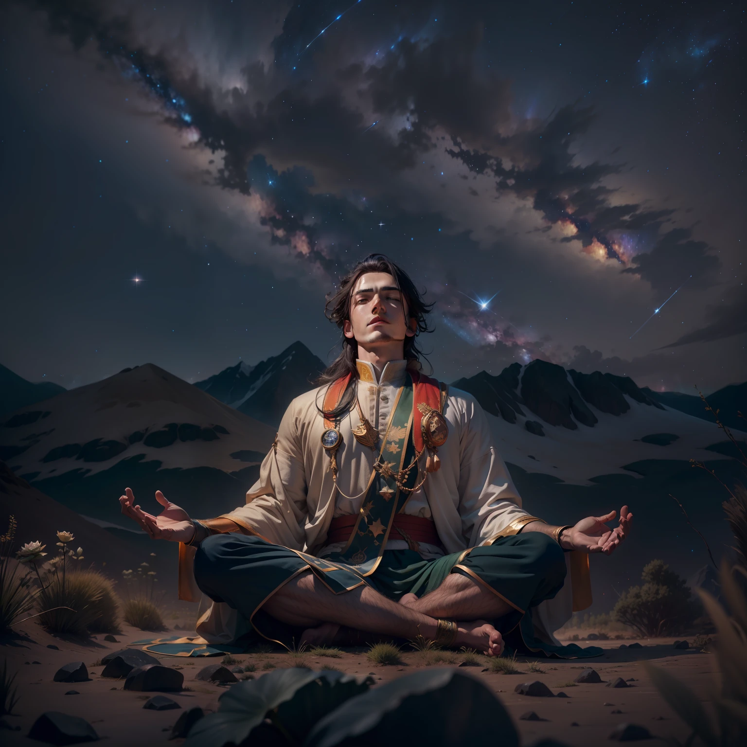 frontal view, natural light, Joshua meditating in the wilderness, lotus position, night, focus on historical clothing, starry sky, (milky way), 4k, HDR