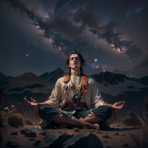 frontal view, natural light, Joshua meditating in the wilderness, lotus position, night, focus on historical clothing, starry sk...
