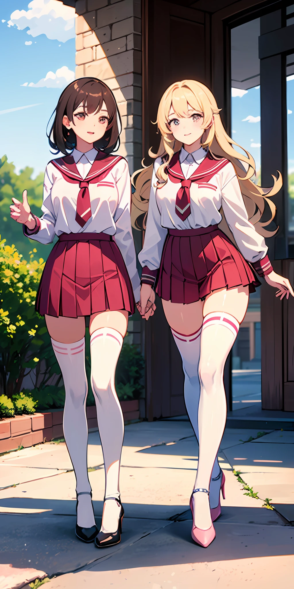 ((Masterpiece, highres)), 2girls, duo, twins, ((one brown haired girl, one blonde girl)), long hair, curly hair, matching hairstyles, different hair color, confident, elegant, rich girls, proud smiles, matching faces, hazel eyes, same size busts, (((matching outfits, identical outfits, pink school uniforms, sexy school uniforms, white thighhighs, long white socks, black high heels))), standing at attention, shoulder to shoulder, same pose, mansion
