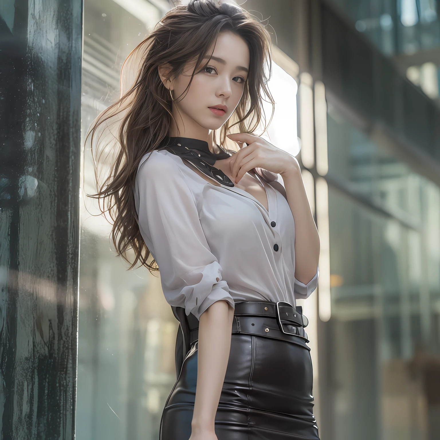 (top-quality、hight resolution、​masterpiece:1.3)、Tall and cute woman、Slender Abs、Dark brown hair styled in loose waves、breastsout、Wearing a pendant、White button-up shirt、a belt、Black leather tight skirt、(Modern architecture in background)、Details exquisitely rendered in the face and skin texture、A detailed eye、double eyelid