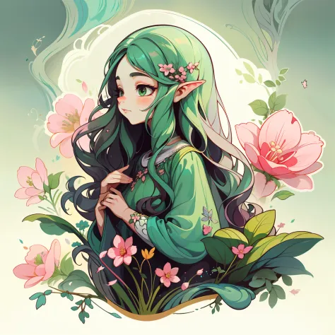 adesivo,1girl, fundo brnco, retrato, girl with long hair, beautiful flower girl, flower aesthetic, beautiful girl, very beautiful fantasy art, beautiful and elegant female fairy, beautiful detailed fantasy, green and pink color palate, green color-theme