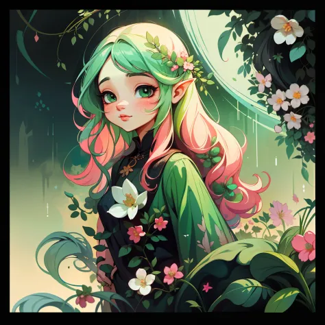 adesivo,1girl, fundo brnco, retrato, girl with long hair, beautiful flower girl, flower aesthetic, beautiful girl, very beautiful fantasy art, beautiful and elegant female fairy, beautiful detailed fantasy, green and pink color palate, green color-theme