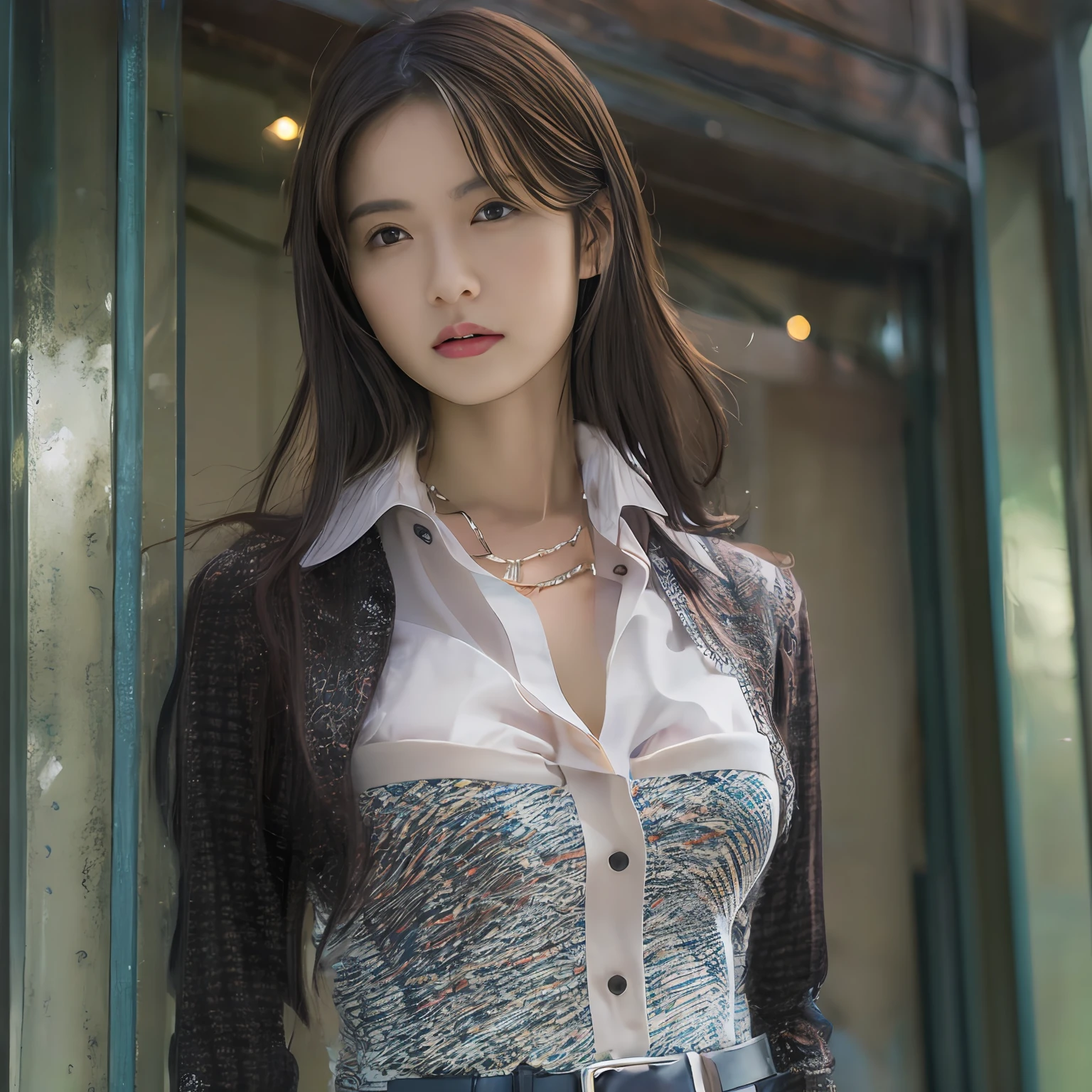 (top-quality、hight resolution、​masterpiece:1.3)、Tall and cute woman、Slender Abs、Dark brown hair styled in loose waves、breastsout、Wearing a pendant、White button-up shirt、a belt、Black leather tight skirt、(Modern architecture in background)、Details exquisitely rendered in the face and skin texture、A detailed eye、double eyelid