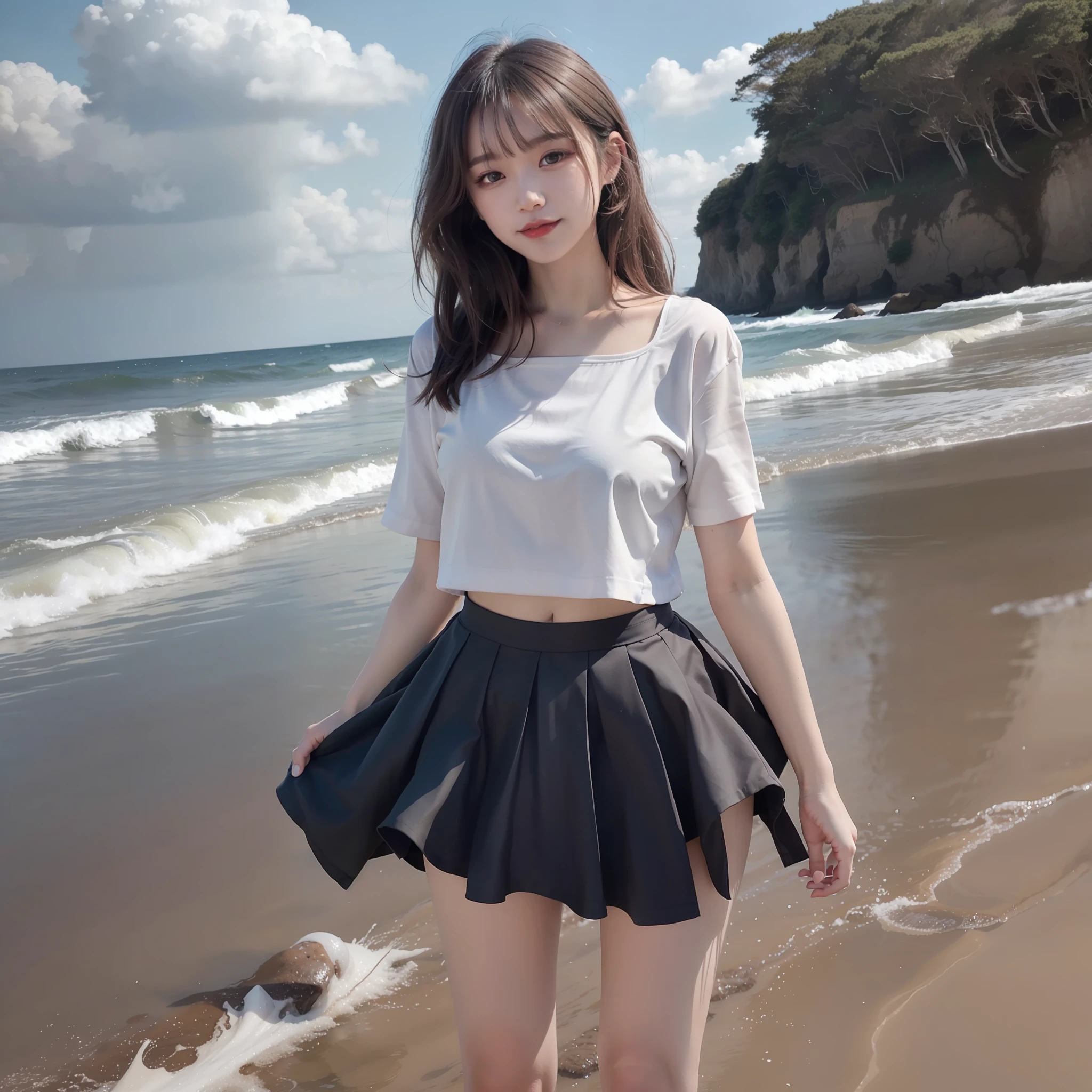 1girll，（seaside backgroud，navel）8K，RAW photogr，Best quality，Masterpiece，photorealestic，photo-realistic，Tight skirt，sea beach，spray，swell sea，Skinny teenage girl，Redlip，cropped shoulders，Delicate faces，largeeyes，Small lips，Thin leg，Ultra-white skin，messy  hair，Gauze skirt，ssmile，Round buttocks，gigantic hip，The short skirt is transparent，Belly button top，Short sleeves with round neck