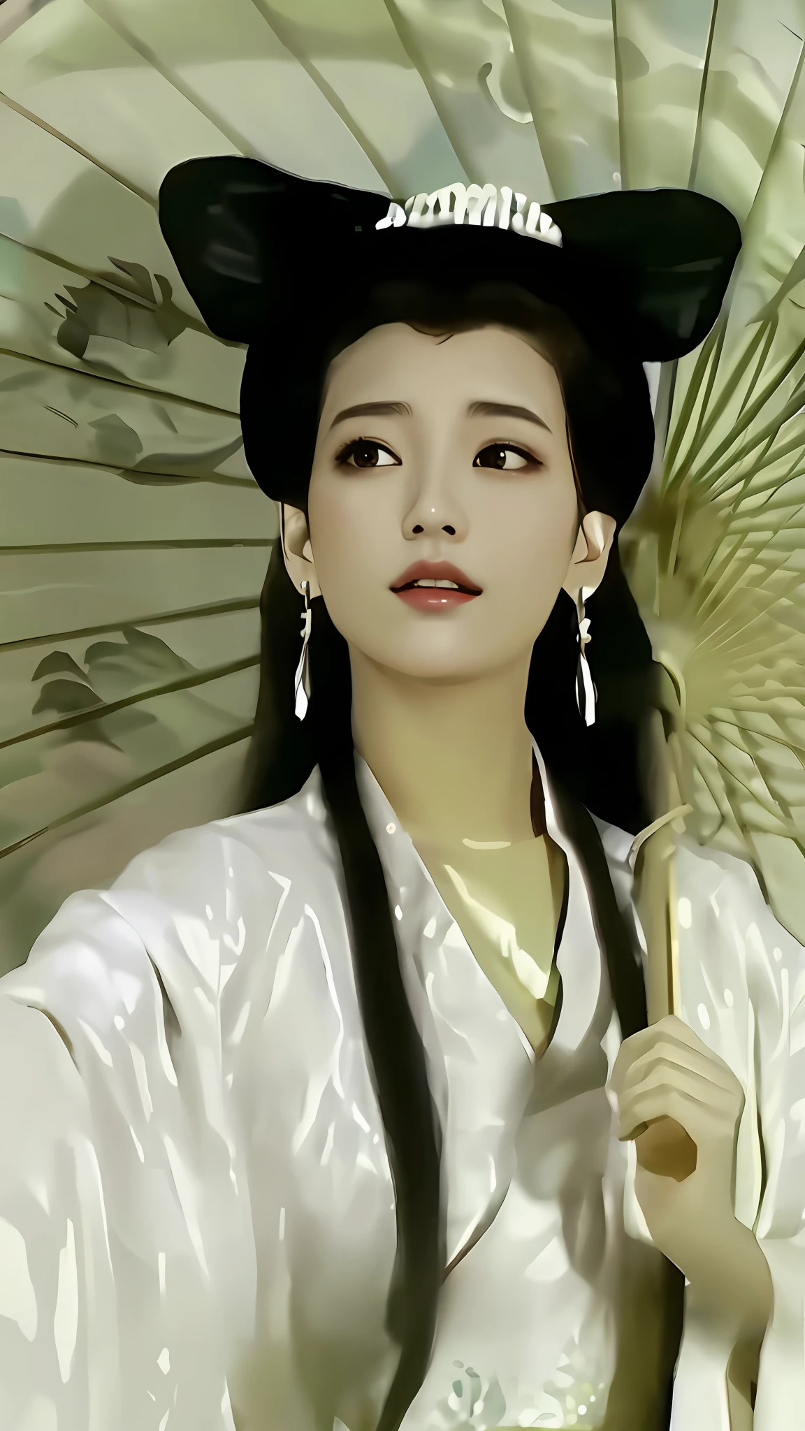 Arad femme en robe blanche tenant un parasol, inspiré par Chen Yifei, inspiré de Du Qiong, beauté chinoise ancienne, inspiré par Qiu Ying, Ancienne princesse chinoise, inspiré de Lan Ying, inspiré par Wu Bin, inspiré par Zhang Yan, inspiré par Yun Du-seo, inspiré par Zhang Yin, Heise-lian Yan Fang, Gong Li
