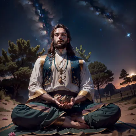 frontal view, natural light, Joshua meditating in the wilderness, brown beard, brown hair, lotus position, night, focus on histo...