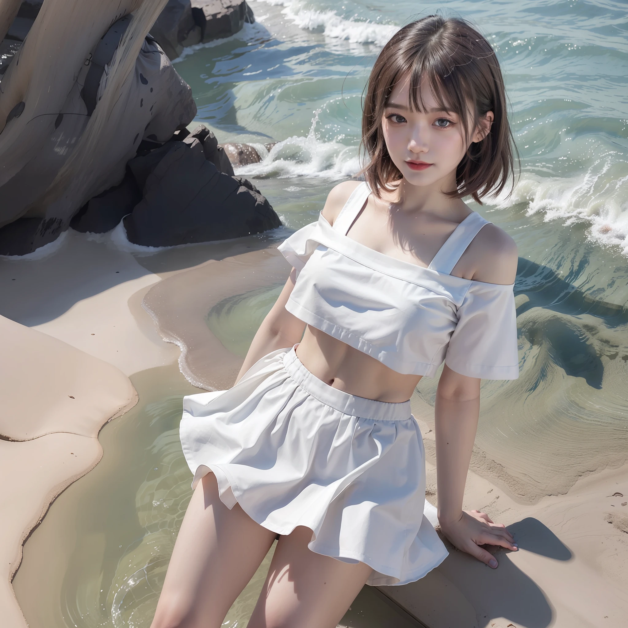 1girll，（seaside backgroud，navel）8K，RAW photogr，Best quality，Masterpiece，photorealestic，photo-realistic，Tight skirt，sea beach，spray，swell sea，Skinny teenage girl，Redlip，cropped shoulders，Delicate faces，largeeyes，Small lips，Thin leg，Ultra-white skin，messy  hair，Gauze skirt，ssmile，Round buttocks，gigantic hip，The short skirt is transparent，Belly button top，Short sleeves with round neck