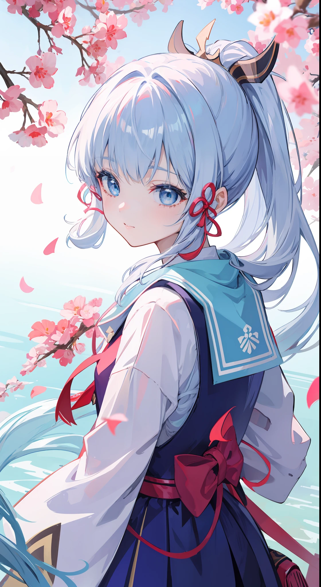 tmasterpiece，A beautiful anime girl，white-haired god，best anime 4k Konachang wallpapers，Anime style 4k，Anime art wallpaper 4k，Guviz，a beautiful anime portrait，4k anime wallpapers。light particules，Genshin painting style，Kamiasto ayaka，lightblue hair，the cherry trees，sunny clear sky，smooth thigh，Be red in the face，Super delicate aqua blue eyes，Japanese high school uniforms for female high school students