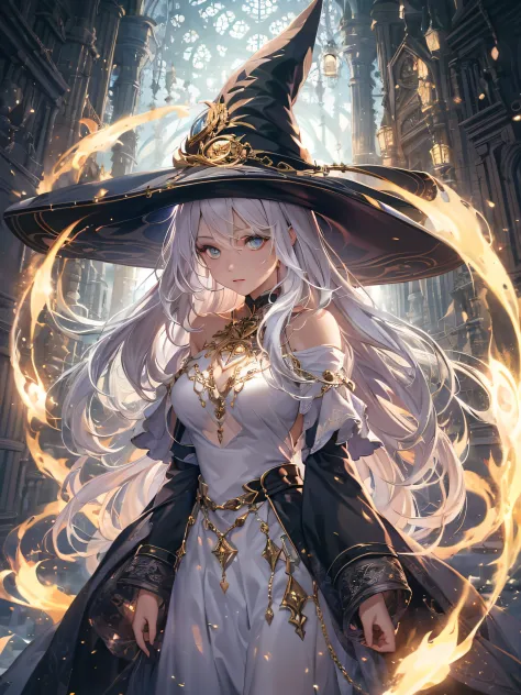 1woman mage, the wisdom of the woman is reflected in her calm look, (((perfect eyes)))), long white hair gives off light amber l...