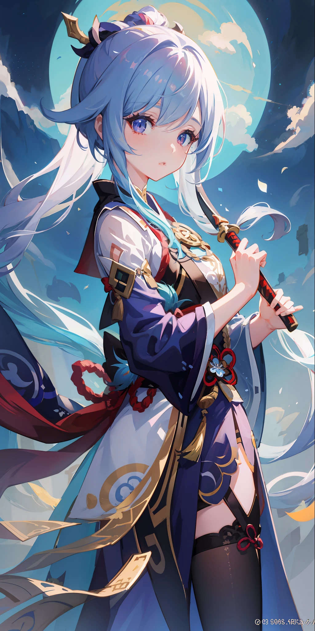 A female character holding a sword，Showcasing the fine art of Onmyoji against the backdrop of the sky，Her image comes from the influence of Genshin。This is a clear and beautiful anime artwork，Exquisite and clean。This anime illustration is full of fantasy，It is an 8K resolution wallpaper，The art of anime with rich details is displayed。This is a beautiful character drawing in 4K resolution，Presenting elaborate anime art in a digital way。Detailed anime character art is shown。