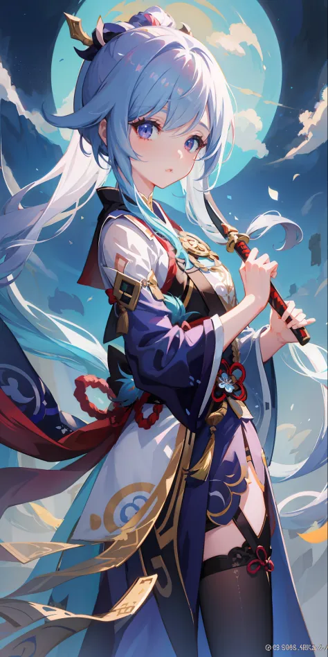 A female character holding a sword，Showcasing the fine art of Onmyoji against the backdrop of the sky，Her image comes from the influence of Genshin。This is a clear and beautiful anime artwork，Exquisite and clean。This anime illustration is full of fantasy，I...