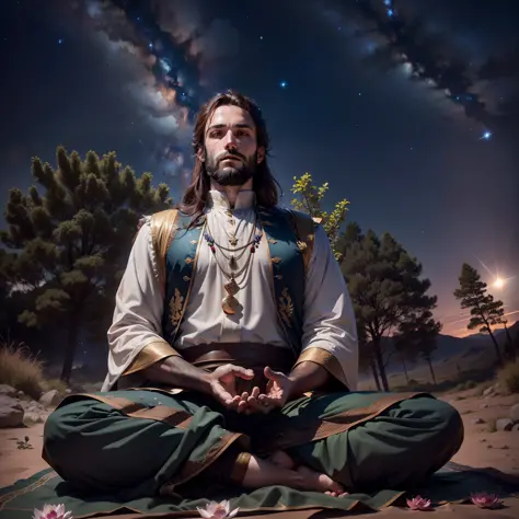 frontal view, natural light, Joshua meditating in the wilderness, brown beard, brown hair, lotus position, night, focus on histo...