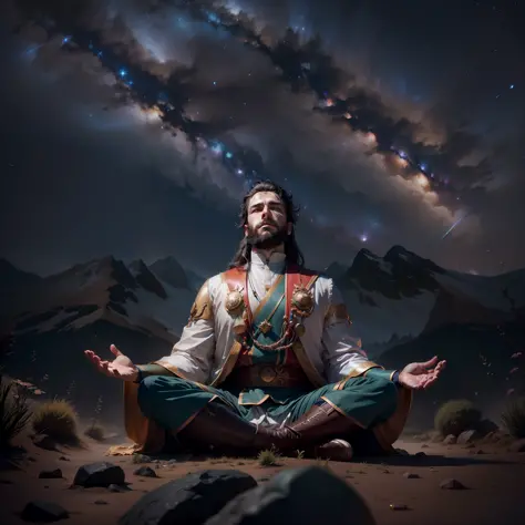 frontal view, natural light, Joshua meditating in the wilderness, brown beard, lotus position, night, focus on historical clothi...